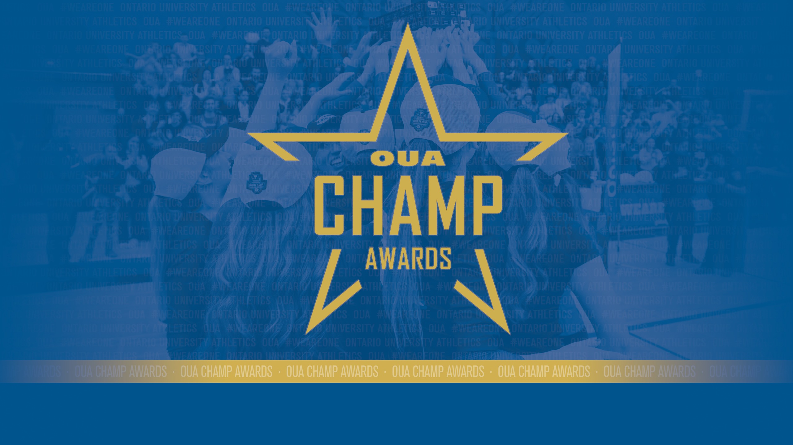 OUA CHAMP Awards logo in gold on a blue background with faded photo of women's volleyball team celebrating, as well as thin gold rectangle in the bottom third