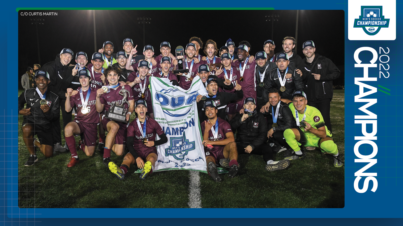 Predominantly blue graphic covered mostly by 2022 OUA Men's Soccer Championship banner photo, with the corresponding championship logo and white text reading '2022 Champions' on the right side