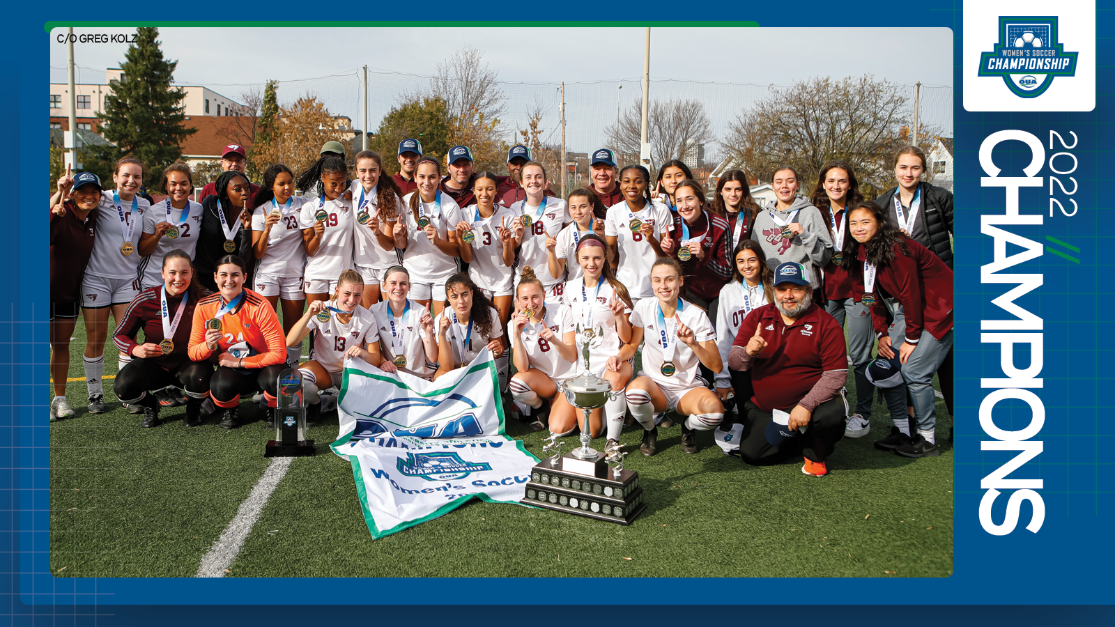 Predominantly blue graphic covered mostly by 2022 OUA Women's Soccer Championship banner photo, with the corresponding championship logo and white text reading '2022 Champions' on the right side