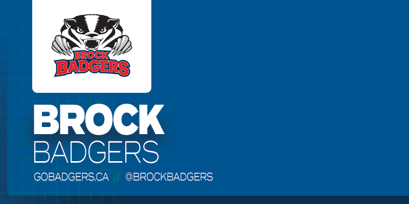 Predominantly blue graphic with Brock Badgers logo on small white rectangle and white text below it that reads 'Brock Badgers'