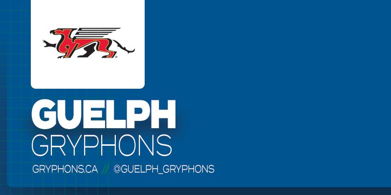 Predominantly blue graphic with Guelph Gryphons logo on small white rectangle and white text below it that reads 'Guelph Gryphons'