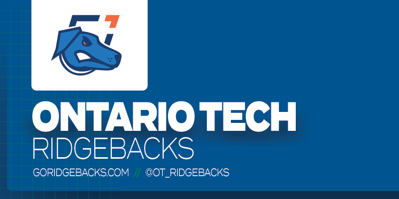 Predominantly blue graphic with Ontario Tech Ridgebacks logo on small white rectangle and white text below it that reads 'Ontario Tech Ridgebacks'