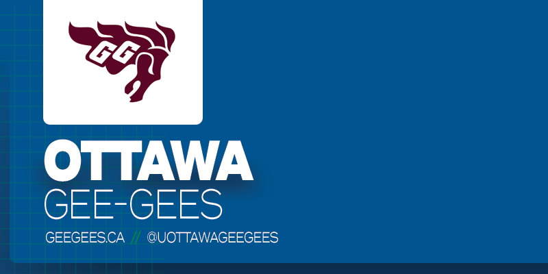 Predominantly blue graphic with Ottawa Gee-Gees logo on small white rectangle and white text below it that reads 'Ottawa Gee-Gees'
