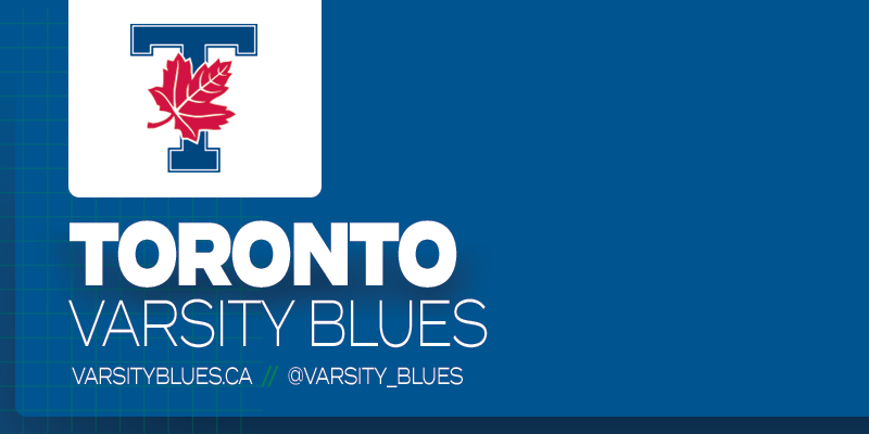 Predominantly blue graphic with Toronto Varsity Blues logo on small white rectangle and white text below it that reads 'Toronto Varsity Blues'