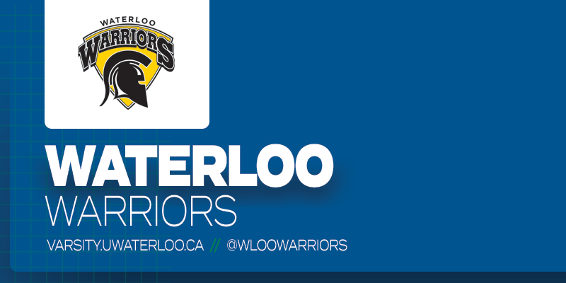 Predominantly blue graphic with Waterloo Warriors logo on small white rectangle and white text below it that reads 'Waterloo Warriors'