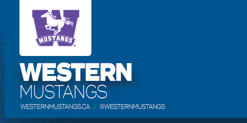 Predominantly blue graphic with Western Mustangs logo on small white rectangle and white text below it that reads 'Western Mustangs'