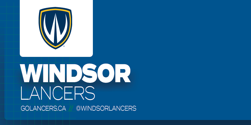 Predominantly blue graphic with Windsor Lancers logo on small white rectangle and white text below it that reads 'Windsor Lancers'