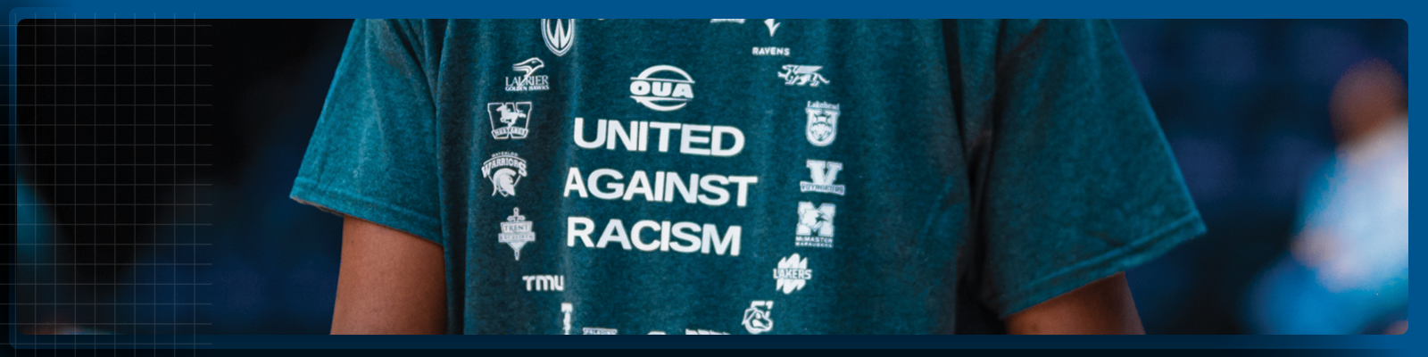 Graphic showcasing back of student-athlete wearing the OUA United Against Racism t-shirt