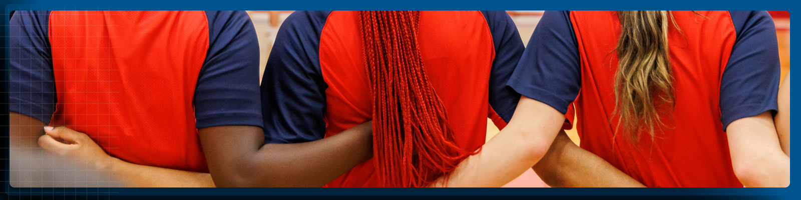 Graphic showcasing three Brock women's basketball players lined up and linking arms