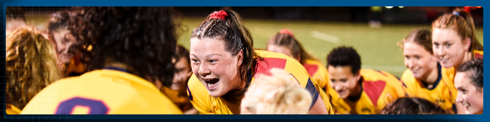 Graphic showcasing team huddle of Queen's women's rugby team placed on a blue background