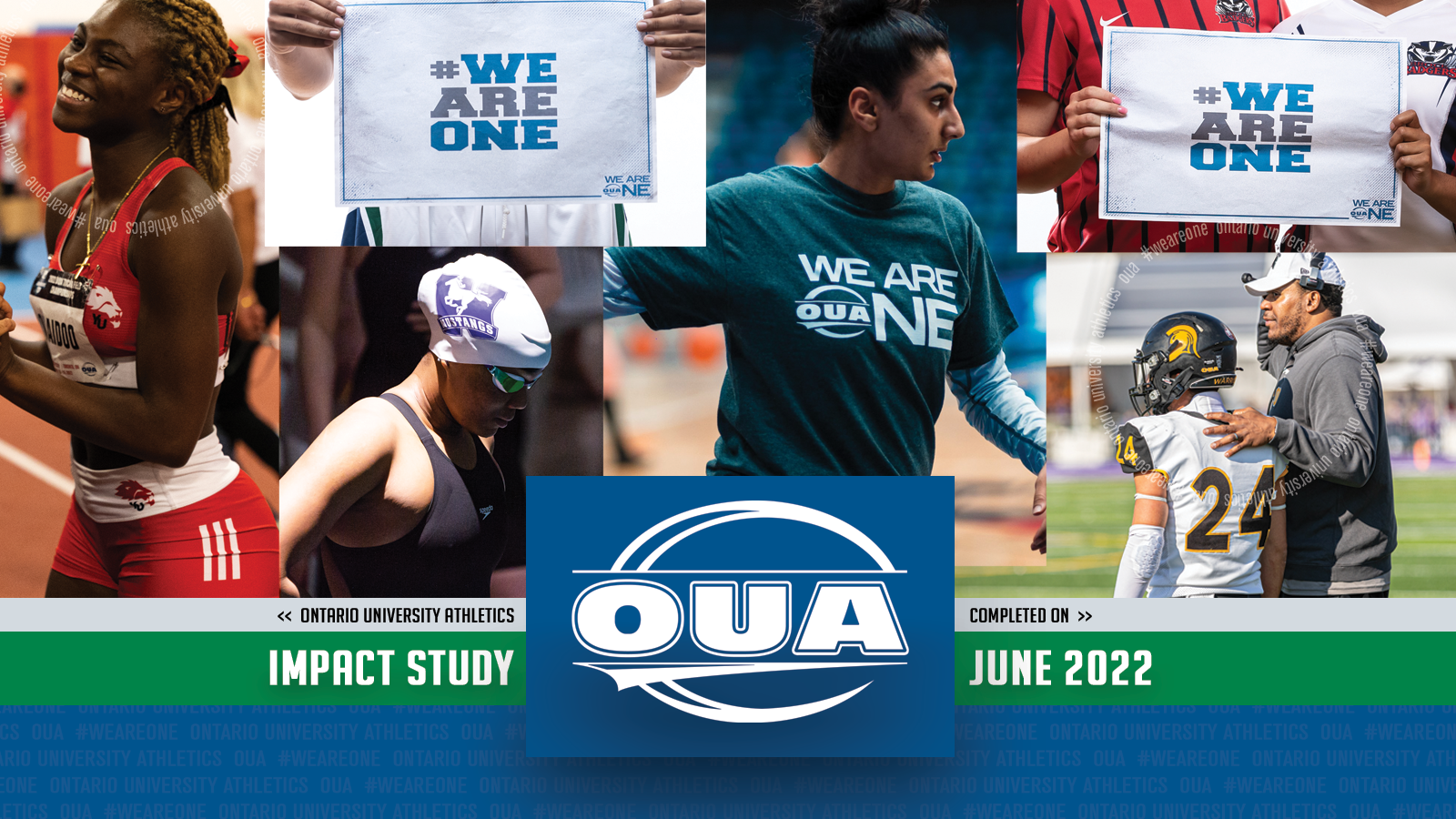 Collage of six OUA student-athlete photos in upper two thirds, with large white OUA logo on a blue square anchoring the lower third, surrounded by white text on a thin green rectangle that reads 'Impact Study' and 'June 2022'