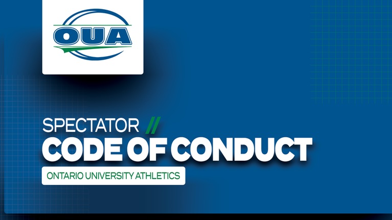 Graphic on predominantly blue background with white text that reads 'Spectator Code of Conduct', with the OUA logo placed on a small white square background in the top left corner