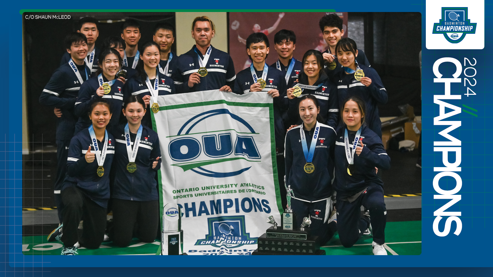 Predominantly blue graphic covered mostly by 2024 OUA Badminton Championship banner photo, with the corresponding championship logo and white text reading '2024 Champions' on the right side