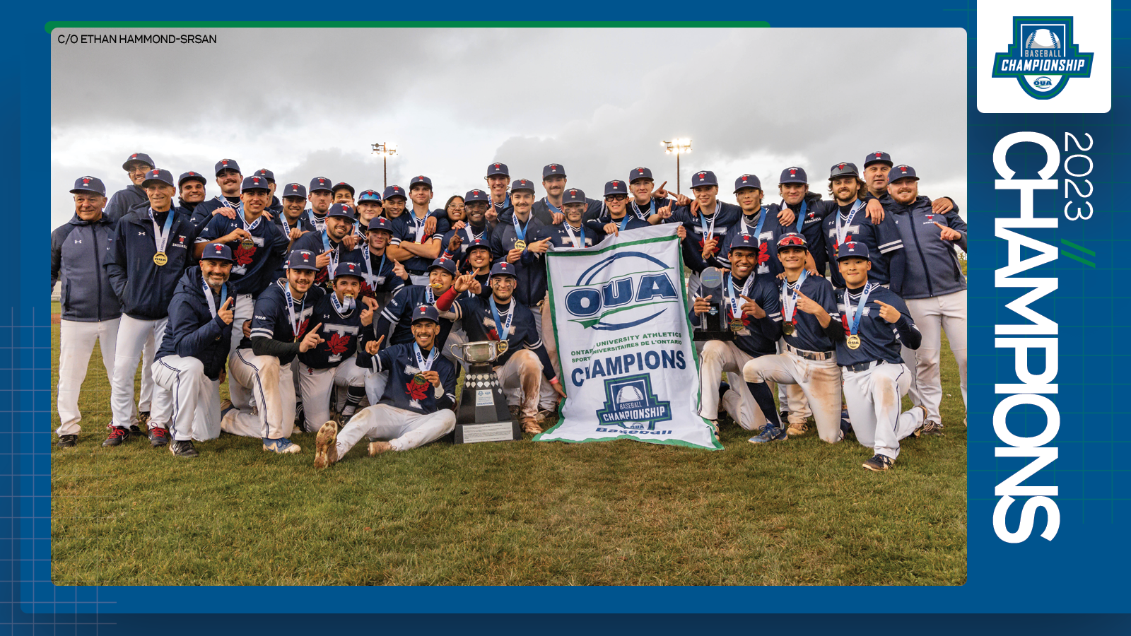 Predominantly blue graphic covered mostly by 2023 OUA Baseball Championship banner photo, with the corresponding championship logo and white text reading '2023 Champions' on the right side
