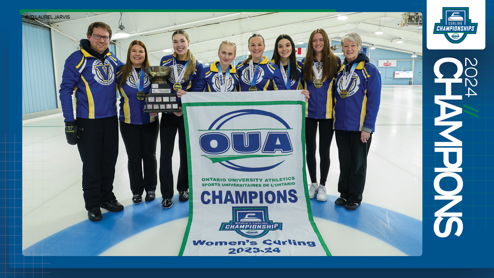 Predominantly blue graphic covered mostly by 2024 OUA Women's Curling Championship banner photo, with the corresponding championship logo and white text reading '2024 Champions' on the right side