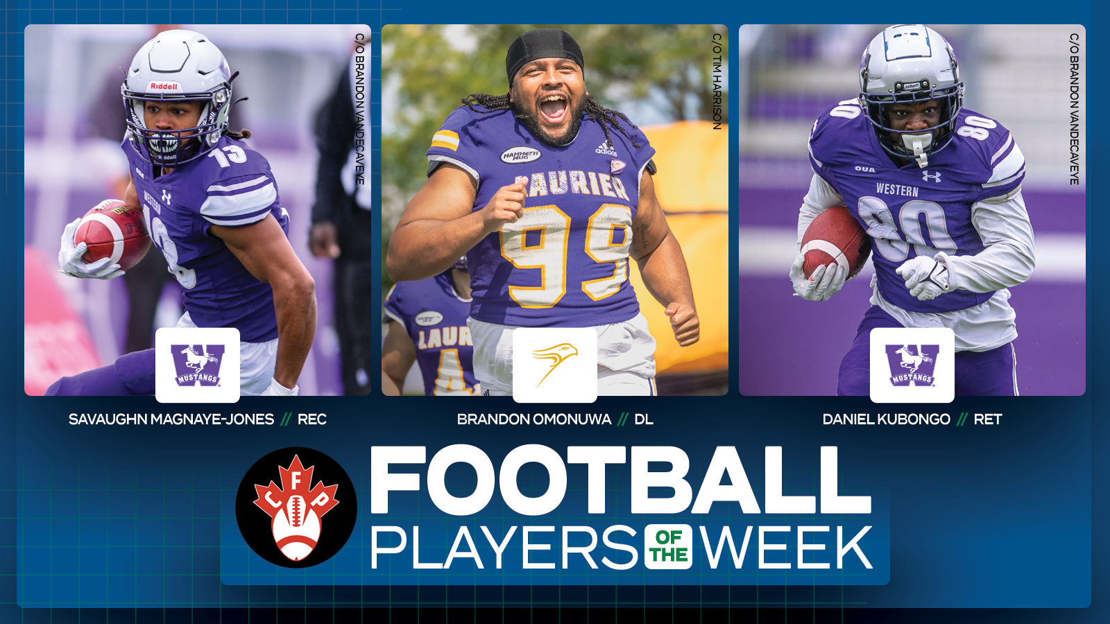 Graphic on predominantly blue background featuring action photos of Western's Savaughn Magnaye-Jones, Laurier's Brandon Omonuwa, and Western's Daniel Kubongo, with the Canadian Football Perspective logo and white text reading, 'Football Players of the Week' included below them