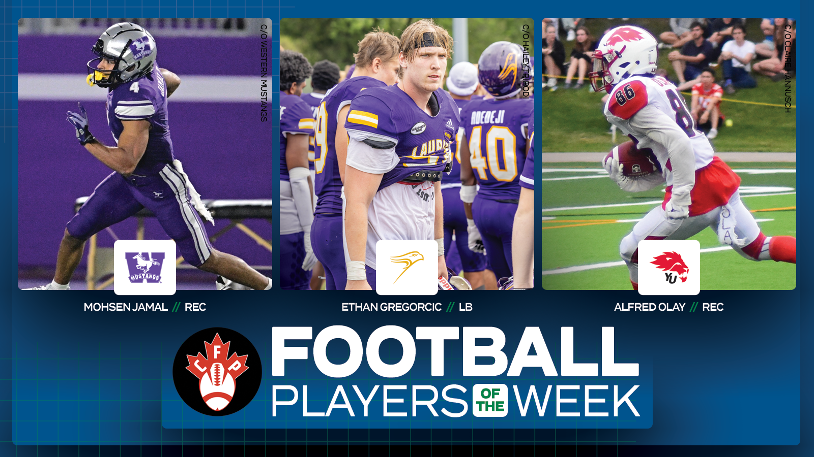 Graphic on predominantly blue background featuring action photos of Mohsen Jamal, Ethan Gregorcic, and Alfred Olay with their name and school logos placed beneath their respective photos, along with the Canadian Football Perspective logo and white text that reads 'Football Players of the Week' in the lower third