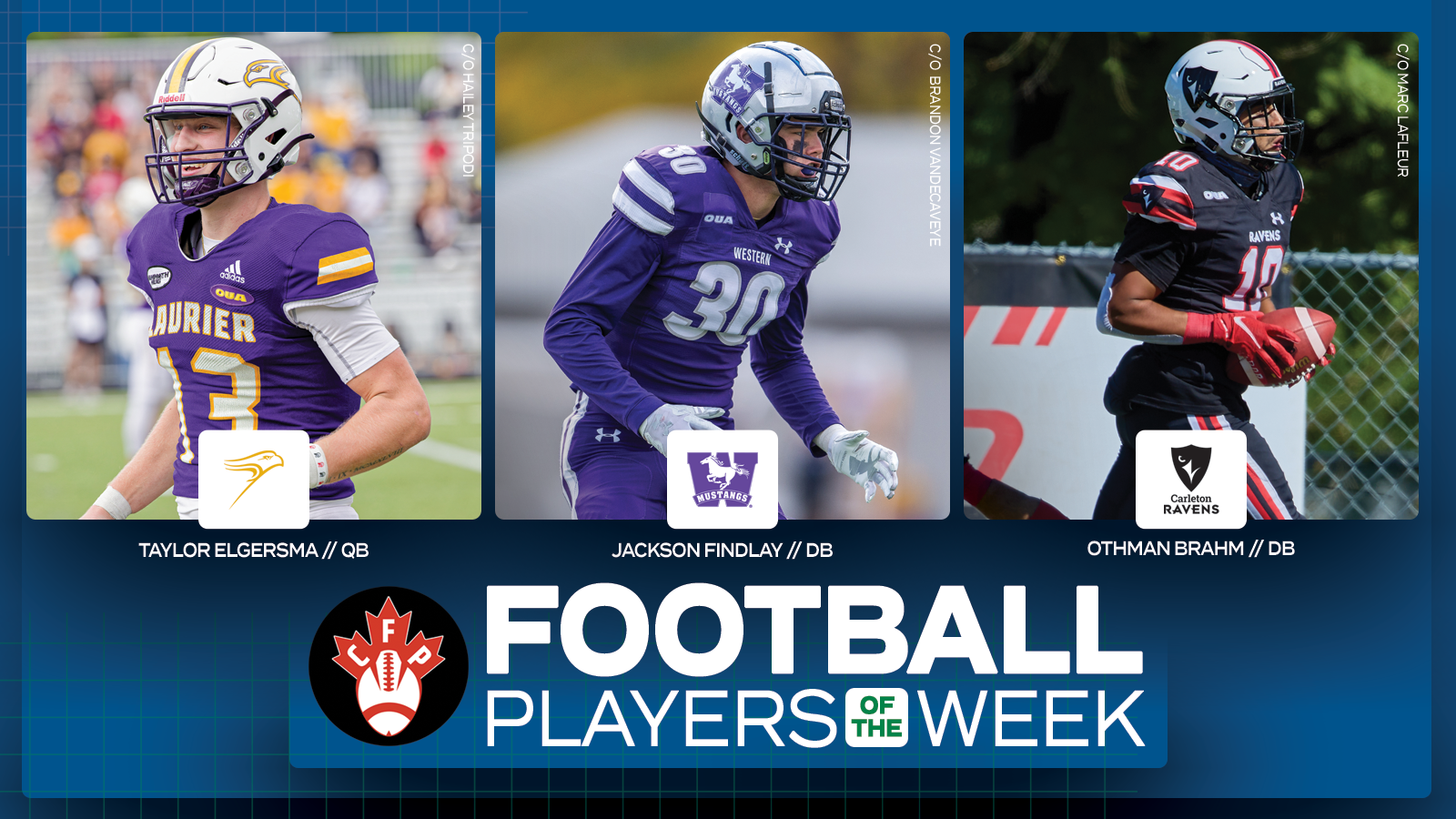 Graphic on predominantly blue background featuring action photos of Taylor Elgersma, Jackson Findlay, and Othman Brahm, along with Canadian Football Perspective logo and white text that reads 'Football Players of the Week'