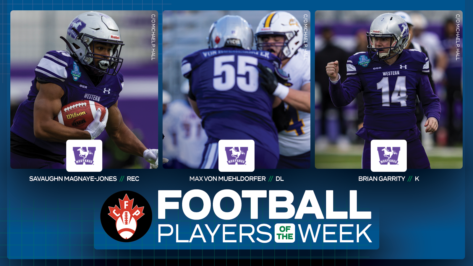Graphic on predominantly blue background featuring action photos of Western's Savaughn Magnaye-Jones, Max Von Muehldorfer, and Brian Garrity, with the Canadian Football Perspective logo and white text reading, 'Football Players of the Week' included below them