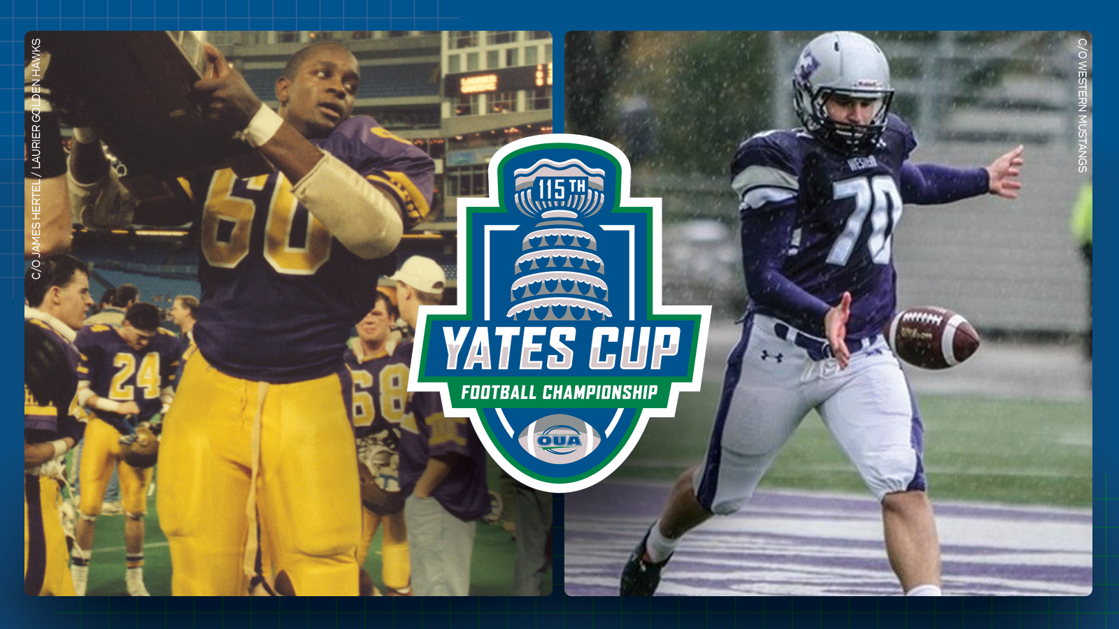 Graphic on predominantly blue background featuring action photos of Laurier football alum Hugh Lawson and Western football alum Lirim Hajrullahu on either side of the centered 115th Yates Cup logo