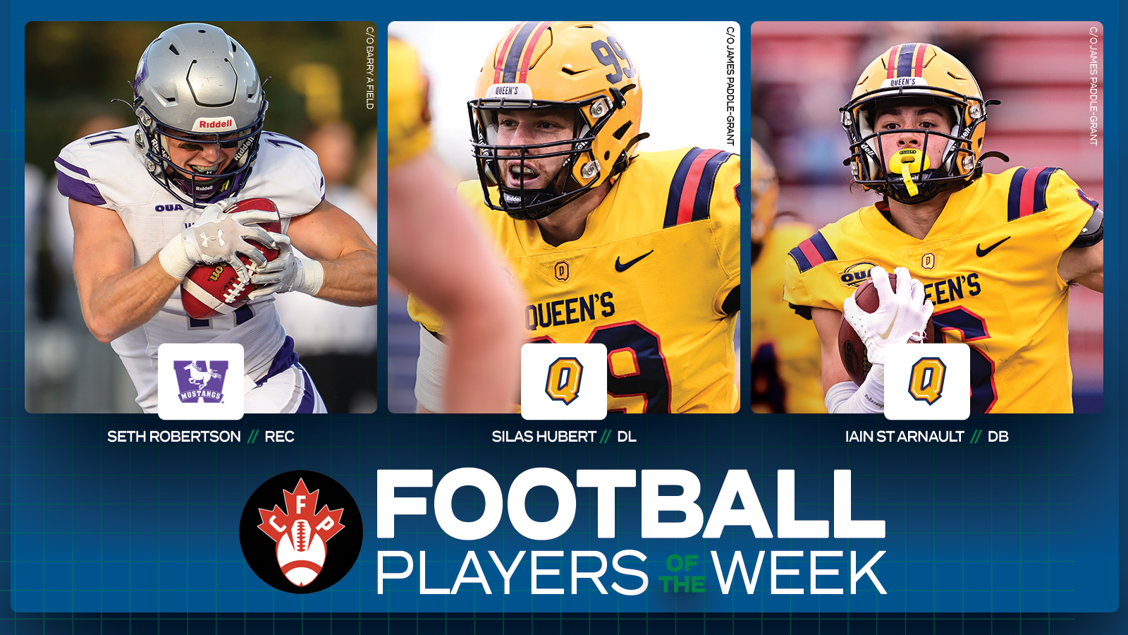 Graphic on predominantly blue background featuring an action photo of Western Mustangs football player Seth Robertson and Queen?s Gaels football players Silas Hubert, and Iain St Arnault with their name, school, and position placed below the photo, along with the Canadian Football Perspective logo and large white 'Football Player of the Week' text in the lower third. All three players have their position placed above their photo.