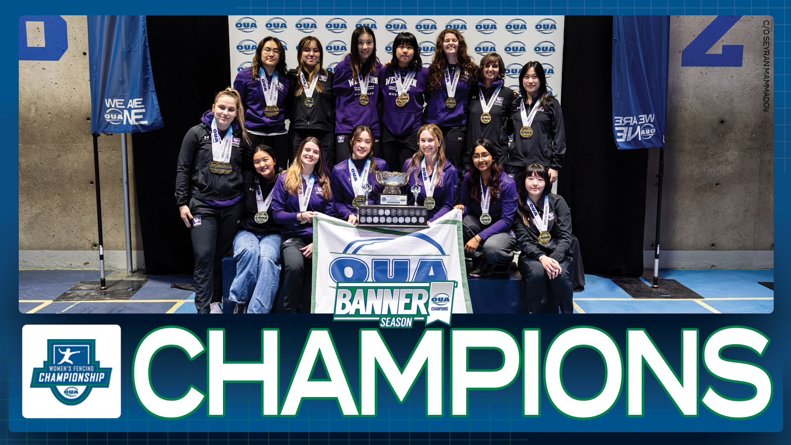 Graphic on predominantly blue background featuring banner photos of both the Western women's fencing team, above large white text that reads, 'CHAMPIONS' and the OUA Women's Fencing Championship logo