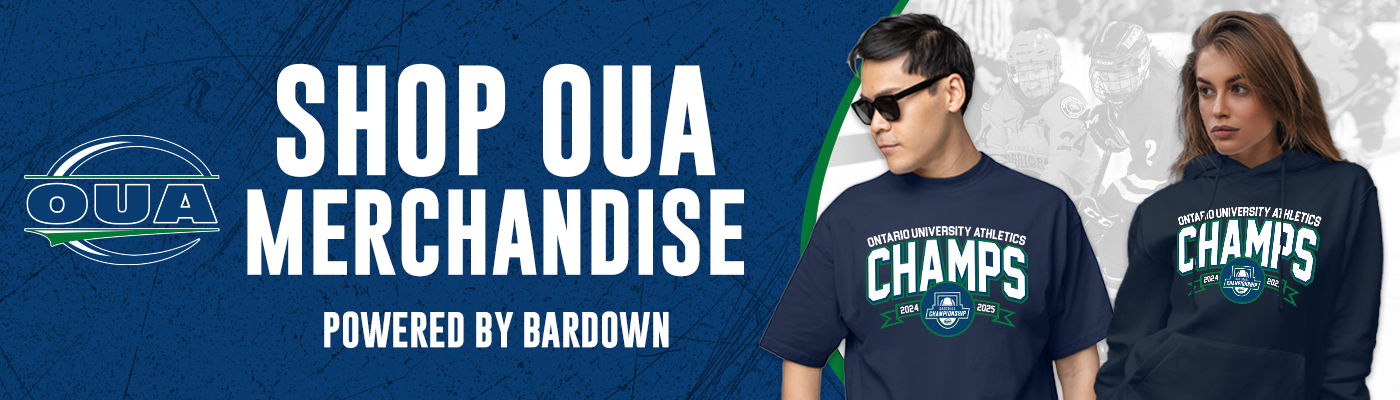 Banner advertisement featuring large white text on blue background that reads, 'Shop OUA Merchandise, Powered by BarDown', along with two models wearing OUA championship branded apparel