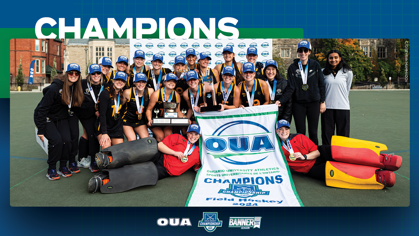 Predominantly blue graphic covered mostly by 2023 OUA Field Hockey Championship banner photo, with the corresponding championship logo and white text reading '2023 Champions' on the right side