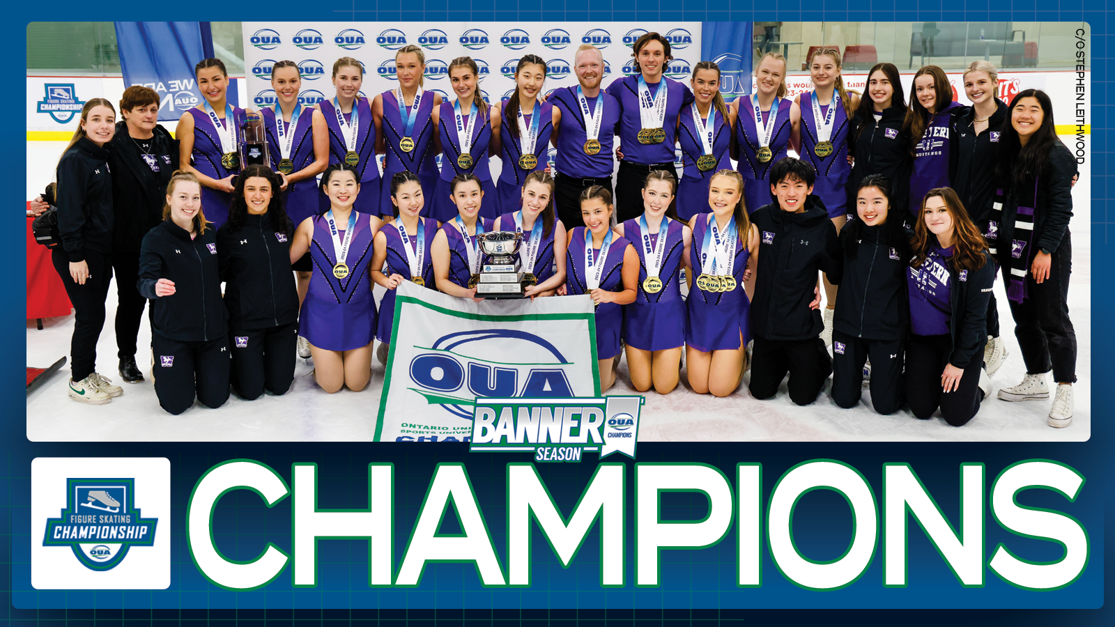 Graphic on blue background featuring the banner photo for the Western figure skating team, with large white text that reads, 'CHAMPIONS' and the OUA Figure Skating Championship logo placed below it