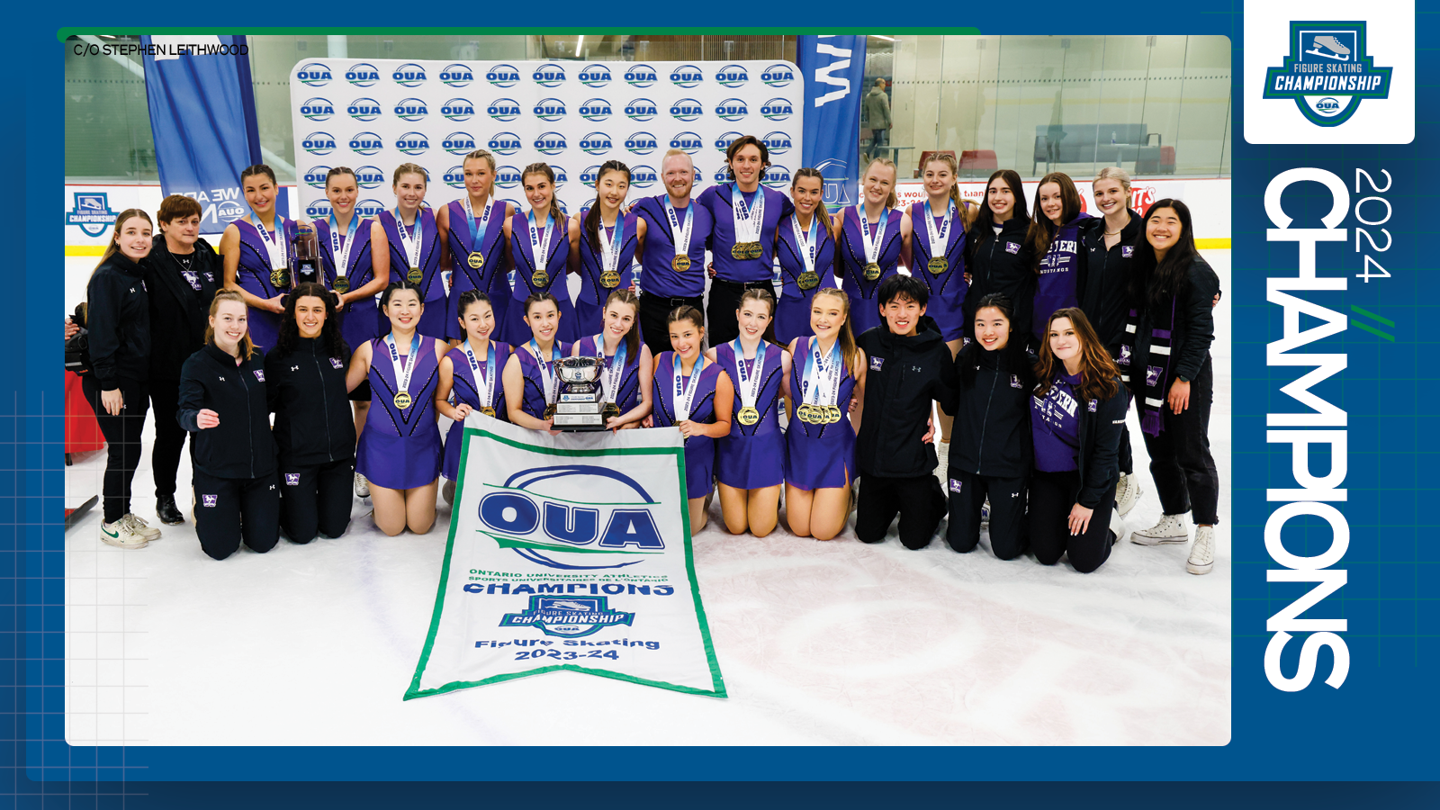 Predominantly blue graphic covered mostly by 2024 OUA Figure Skating Championship banner photo, with the corresponding championship logo and white text reading '2024 Champions' on the right side