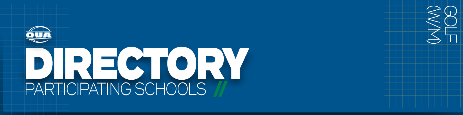 Predominantly blue graphic with large white text on the left side that reads 'Directory, Participating Schools' and small white vertical text on the right side that reads 'Golf'
