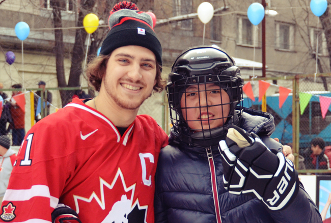 Team Canada shares its love of hockey with Almaty kids
