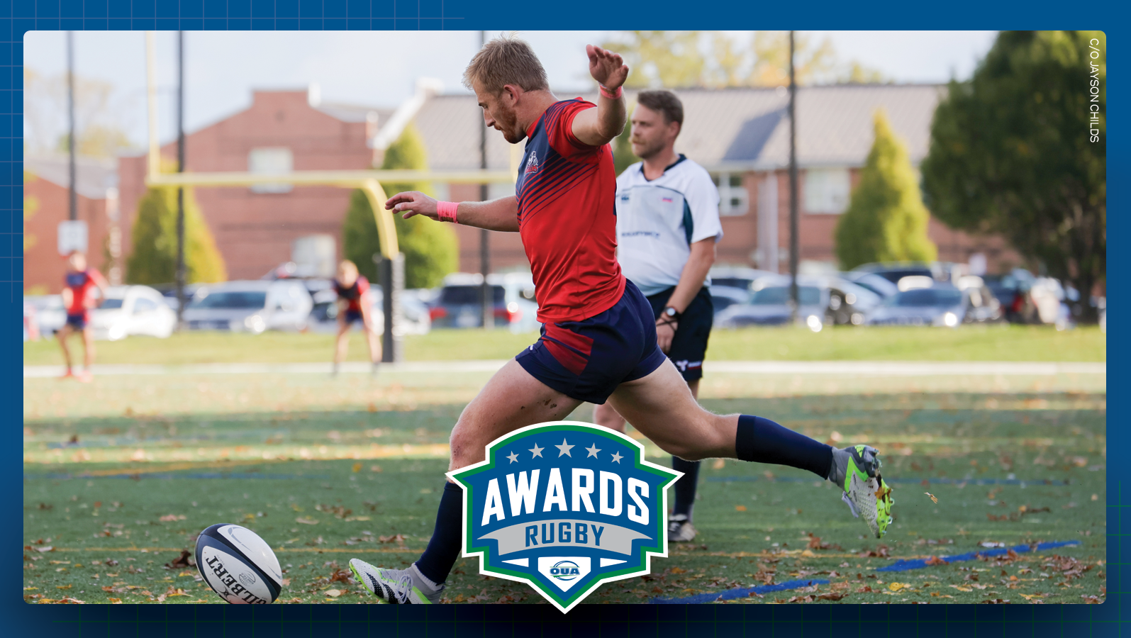 Graphic on predominantly blue background featuring action photo of Brock men's rugby player Steven Commerford and the OUA rugby awards logo centered in the lower third