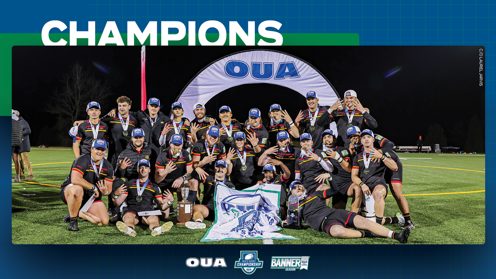 Graphic on blue background featuring banner-winning photo of the Gryphons men's rugby team. Large white text reading, 'CHAMPIONS', is included in the top third