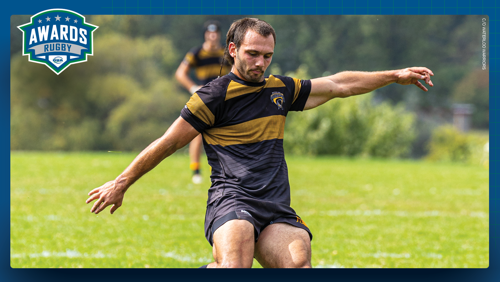 Graphic on predominantly blue background featuring photo of Josh Eustace from the Waterloo Warrior men?s rugby team with the men?s rugby awards logo in the middle top of the graphic