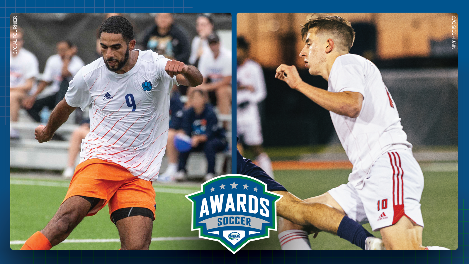 Graphic on predominantly blue background featuring photos Ontario Tech men?s soccer player Omar Marzouk and York men?s soccer player Christian Zeppieri, and the OUA soccer awards logo centered in the lower third
