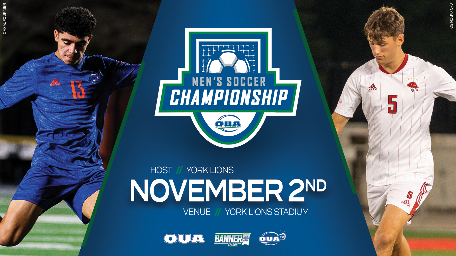 Graphic on blue background feature an action photo of an Ontario Tech men's soccer player and a York men's soccer player on either side, and the OUA Men's Soccer Championship logo and date (November 2) in the middle