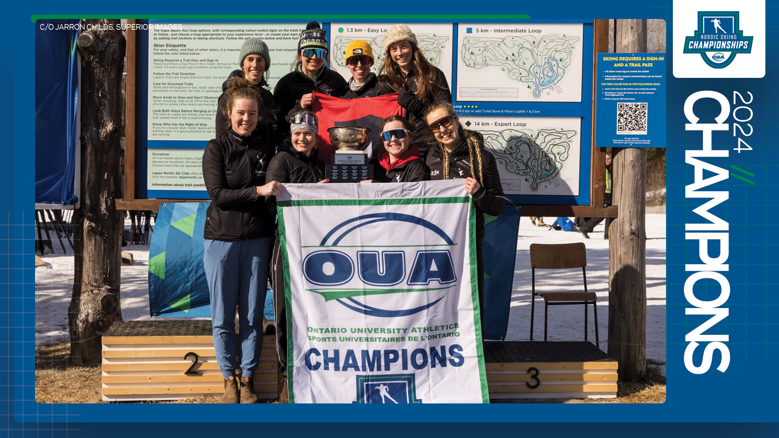 Predominantly blue graphic covered mostly by 2024 OUA Nordic Skiing Championship banner photo, with the corresponding championship logo and white text reading '2024 Champions' on the right side