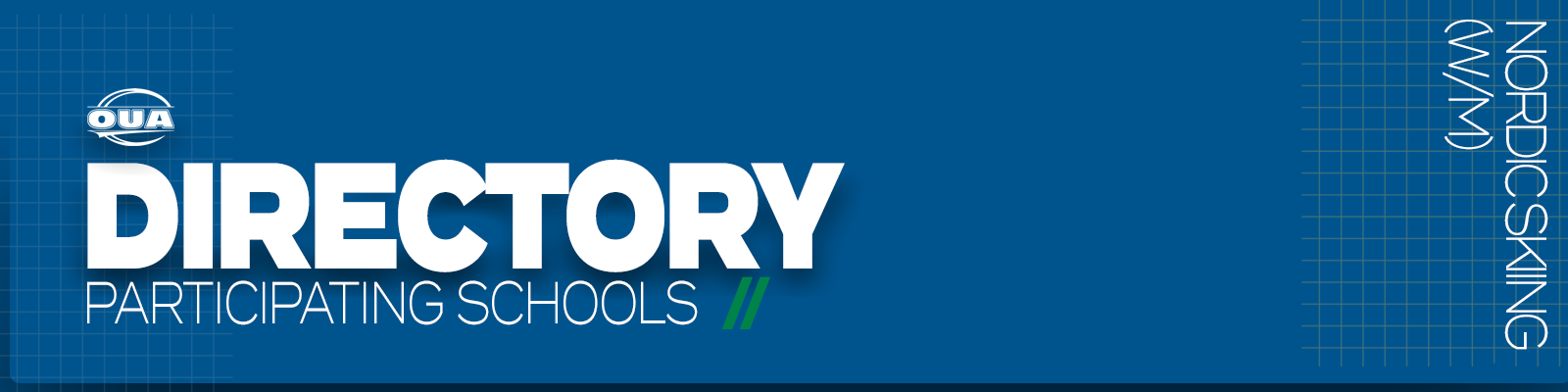 Predominantly blue graphic with large white text on the left side that reads 'Directory, Participating Schools' and small white vertical text on the right side that reads 'Nordic Skiing'