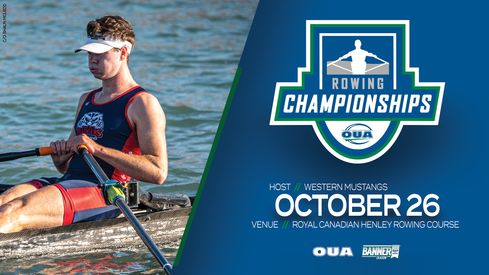 Graphic on blue background featuring photo of men's rower on the left side, and the OUA Rowing Championships logo and date (October 26) on the right