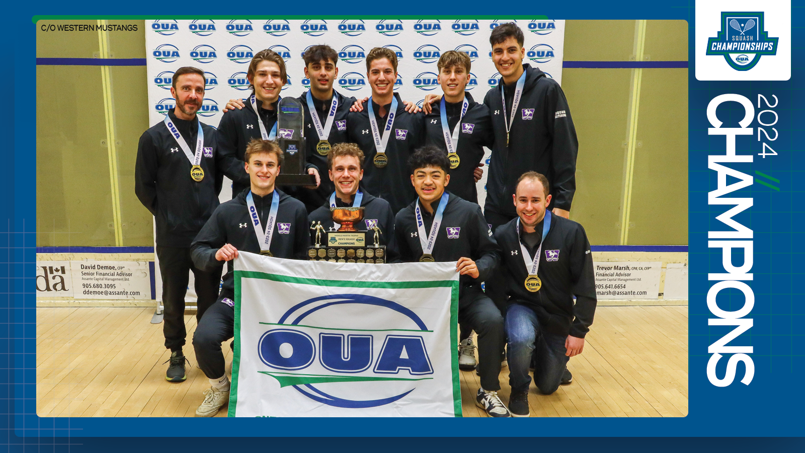 Predominantly blue graphic covered mostly by 2024 OUA Men's Squash Championship banner photo, with the corresponding championship logo and white text reading '2024 Champions' on the right side