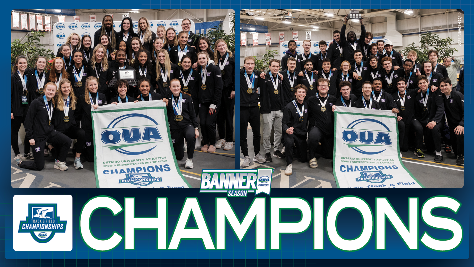 Graphic on predominantly blue background featuring banner photos of the Western women's and men's track team, respectively, above large white text that reads, 'CHAMPIONS' and the OUA Track & Field Championships logo