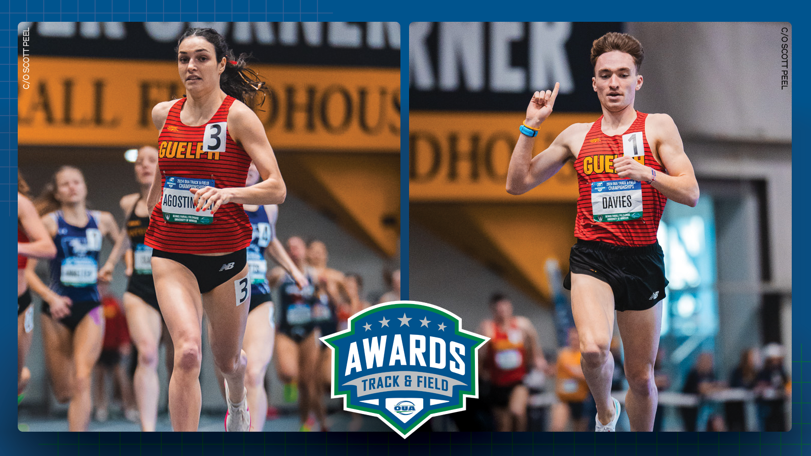 Graphic on blue background featuring action photos of Guelph track & field athletes Julia Agostinelli and Max Davies, with the OUA Track & Field Awards logo centered in the lower third