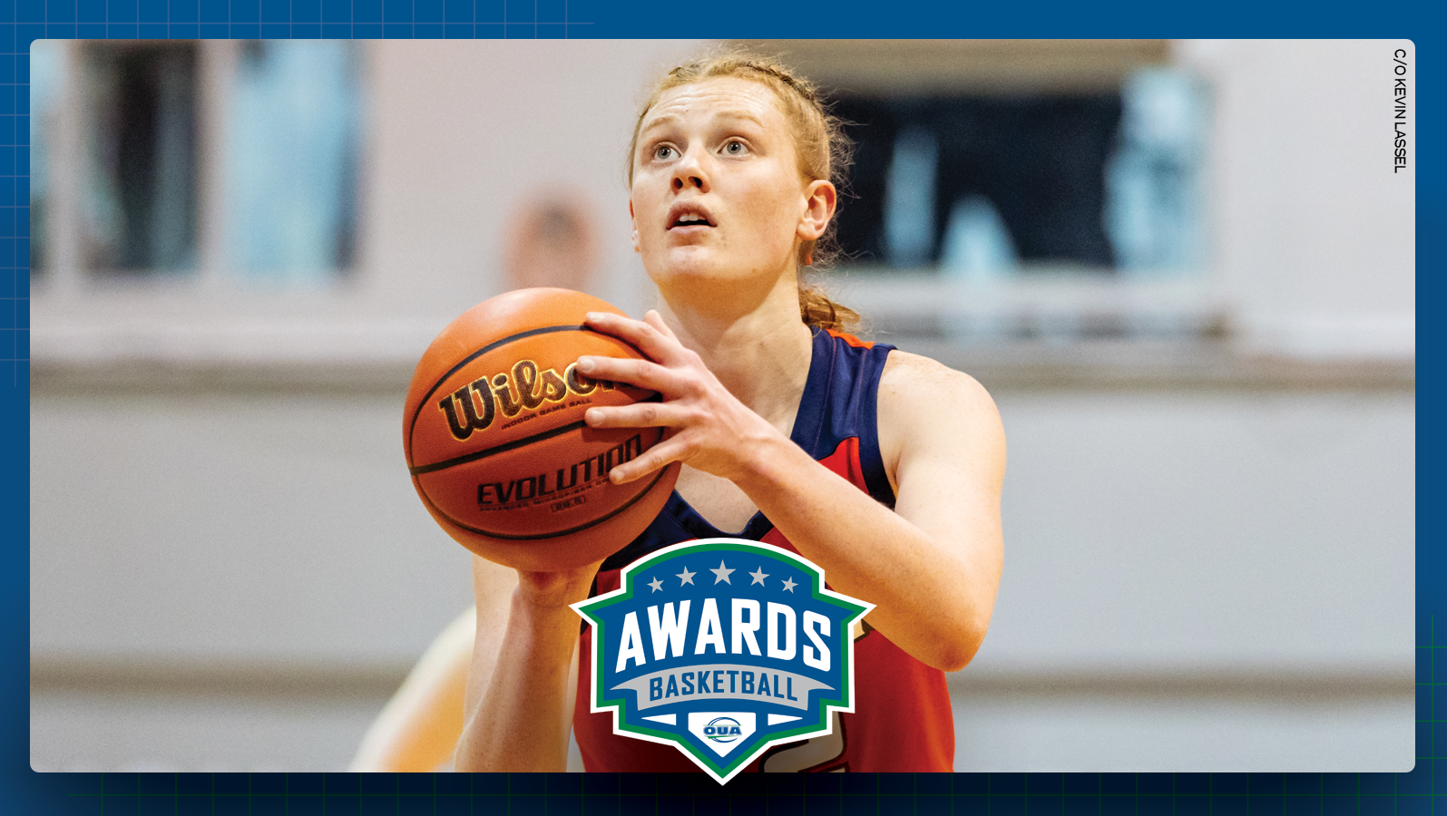 Action photo of Brock women's basketball player Madalyn Weinert featured on a blue background with the OUA Basketball Awards logo centered in the lower third