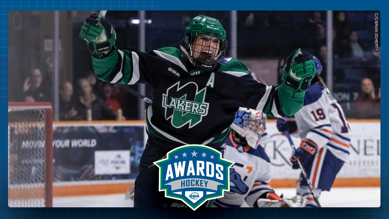 Graphic on blue background featuring action photo of Nipissing women's hockey player Katie Chomiak, with the OUA Hockey Awards logo centered in the lower third