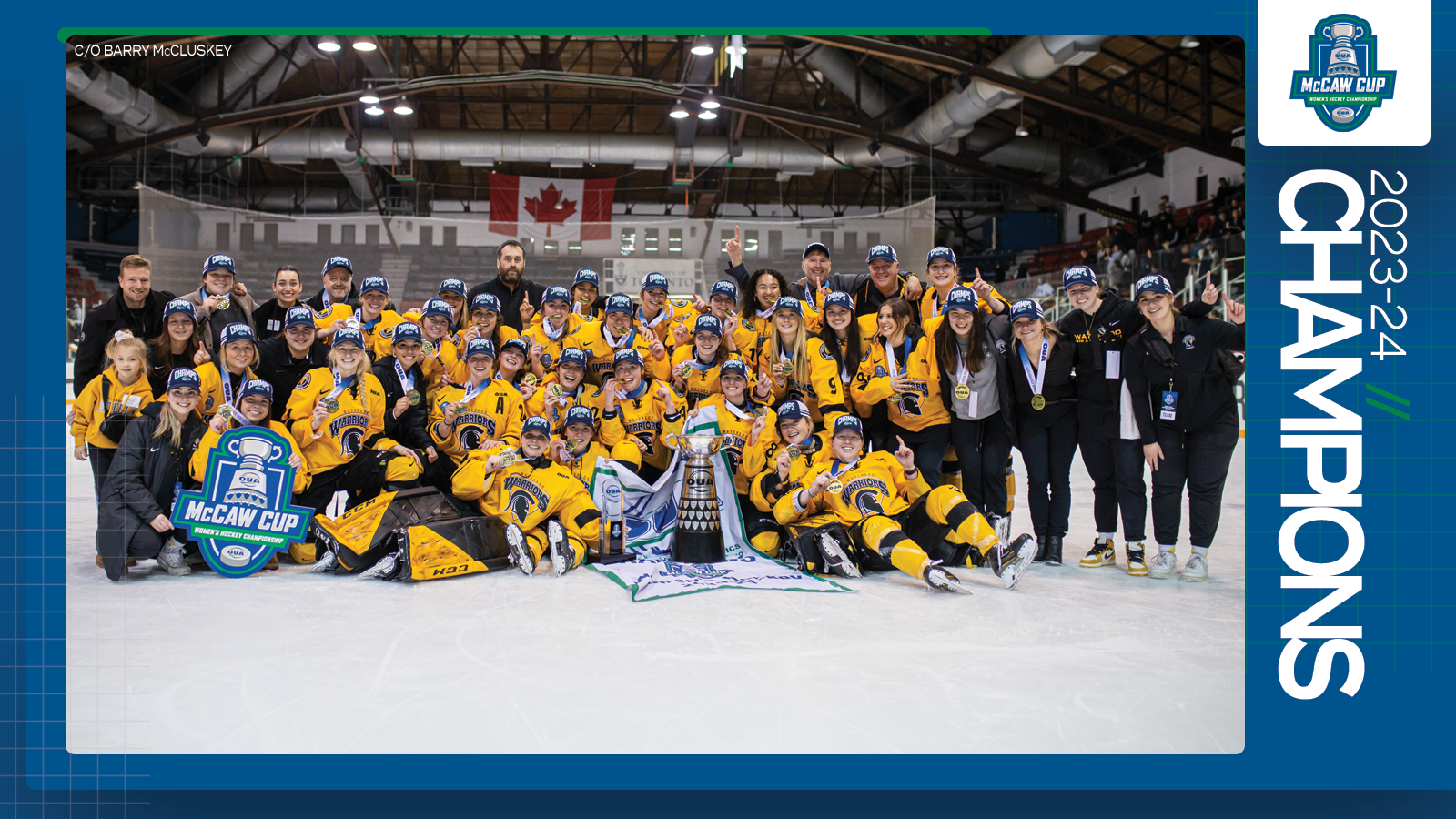 Predominantly blue graphic covered mostly by 2023-24 OUA Women's Hockey Championship banner photo, with the corresponding championship logo and white text reading '2023-24 Champions' on the right side