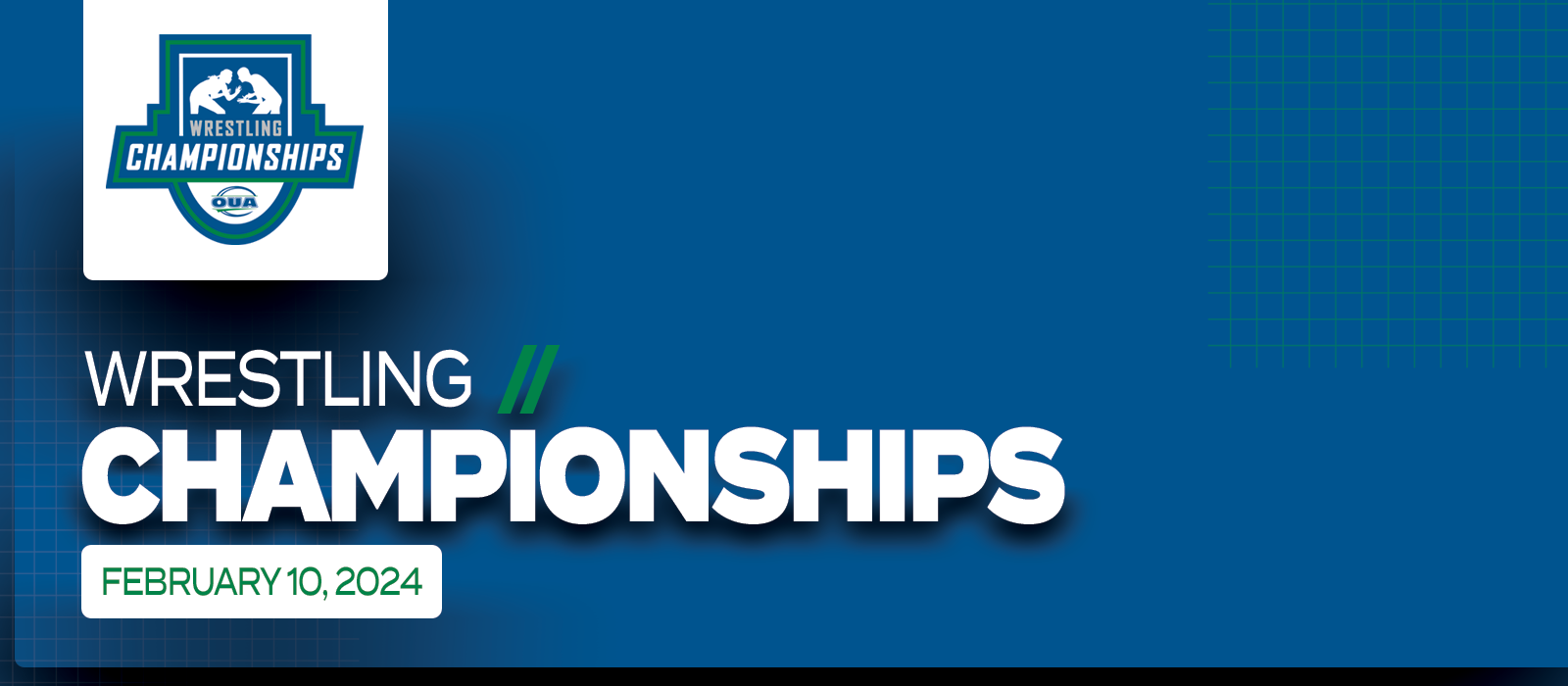 Predominantly blue graphic with large white text on the left side that reads Wrestling Championships, February 10, 2024’ beneath the OUA Wrestling Championships logo