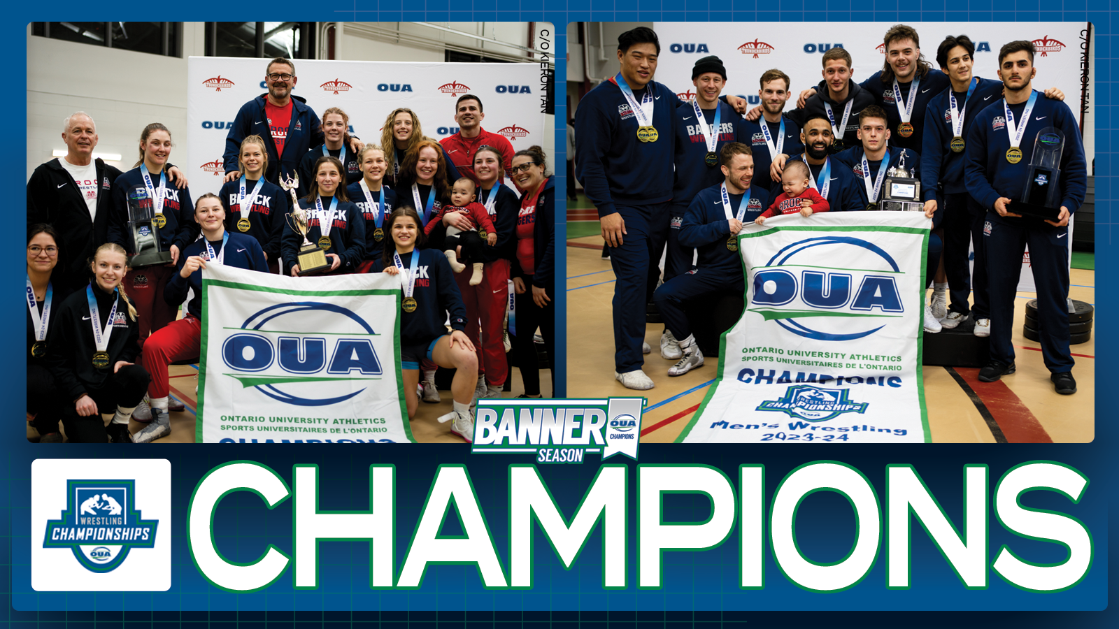 Graphic on predominantly blue background featuring banner photos of both the Brock women's and men's wrestling teams, above large white text that reads, 'CHAMPIONS' and the OUA Wrestling Championships logo