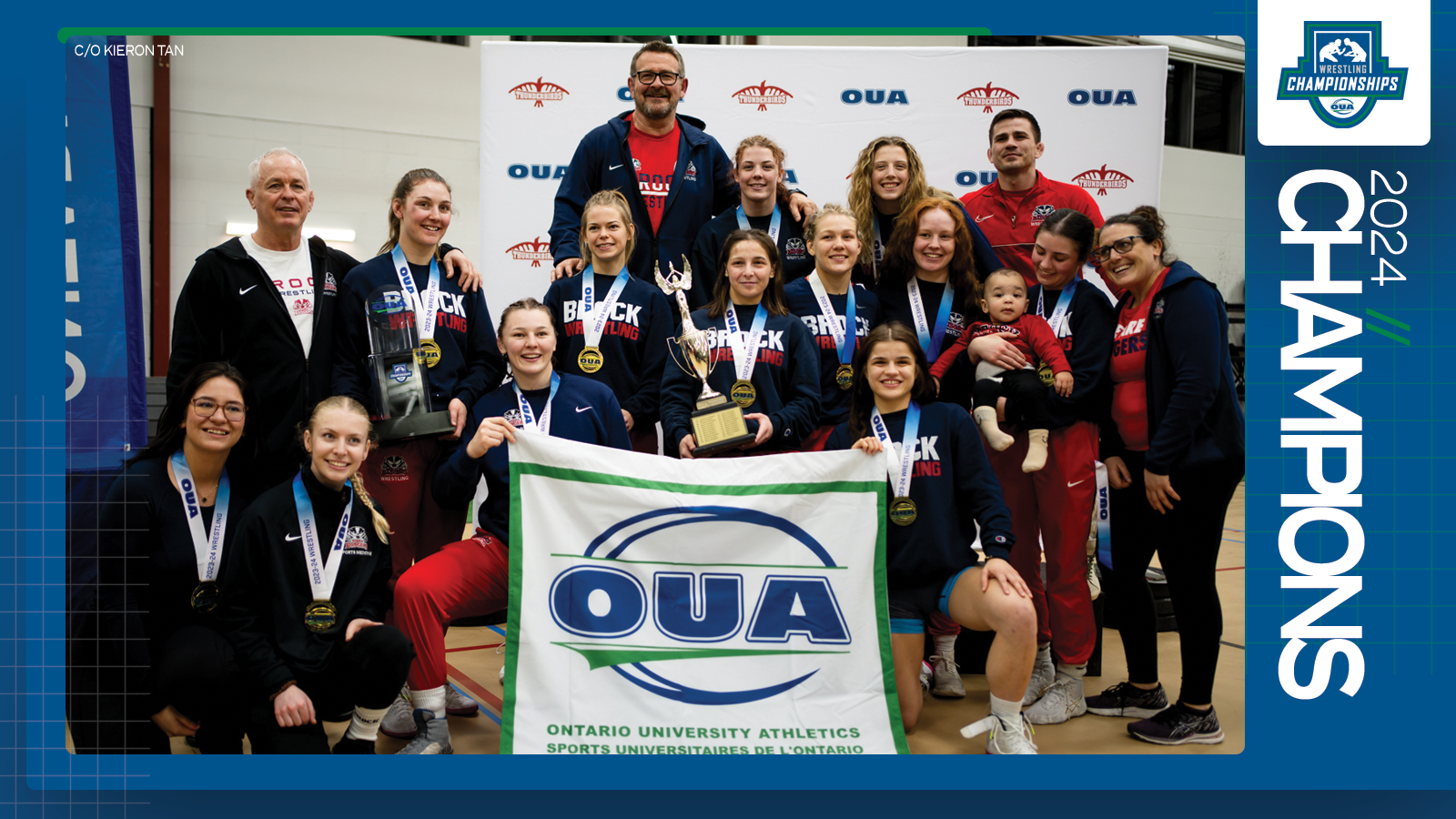 Predominantly blue graphic covered mostly by 2024 OUA Women's Wrestling Championship banner photo, with the corresponding championship logo and white text reading '2024 Champions' on the right side