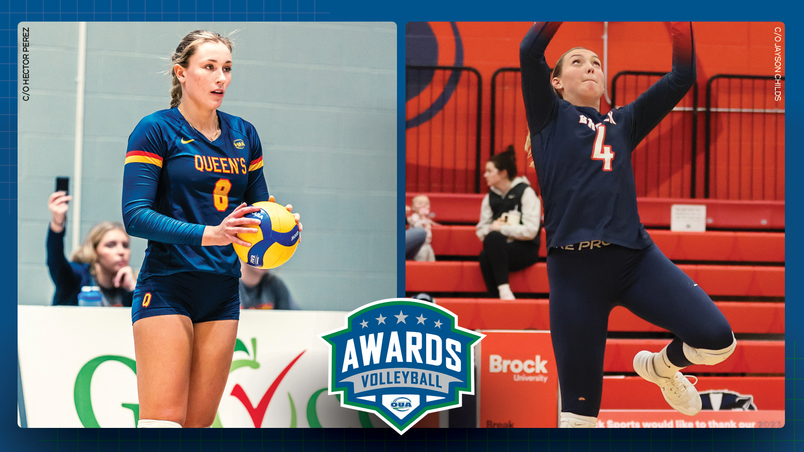 Graphic on blue background featuring action photos of Queen's women's volleyball player Hannah Duchesneau and Brock women's volleyball player Sara Rohr, with the OUA Volleyball Awards logo centered in the lower third